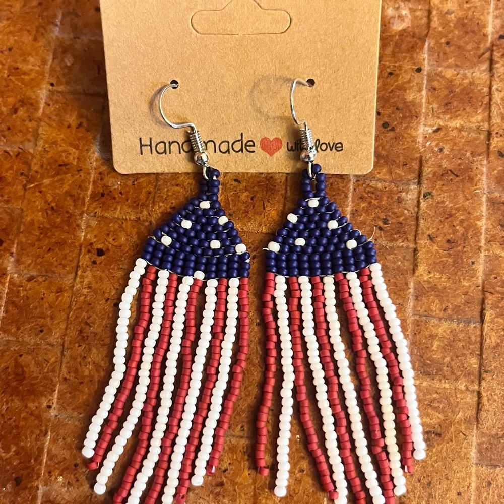 4th of July Handmade Beaded Fringe Earrings in Navy, White & Red